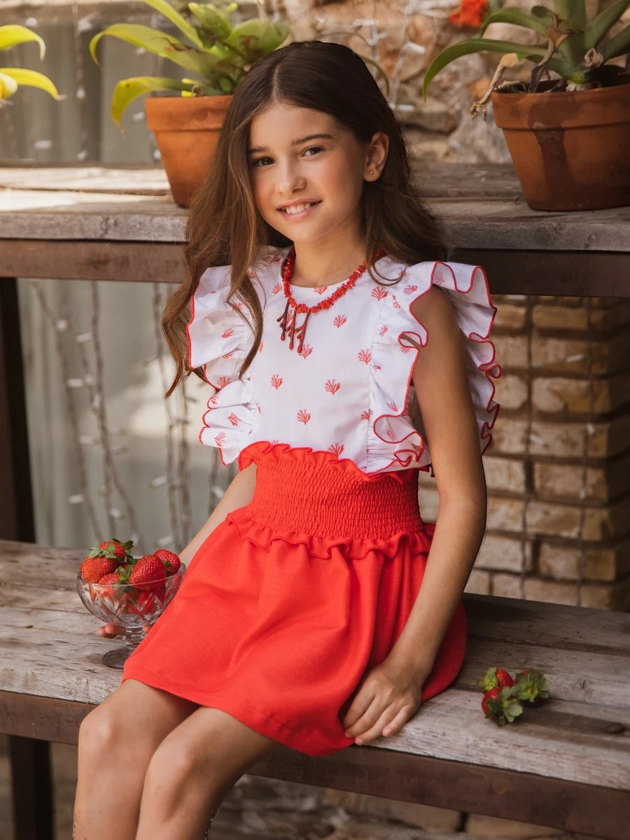Conjunto Reef camisa manga volante y falda roja engomada- Eve Children