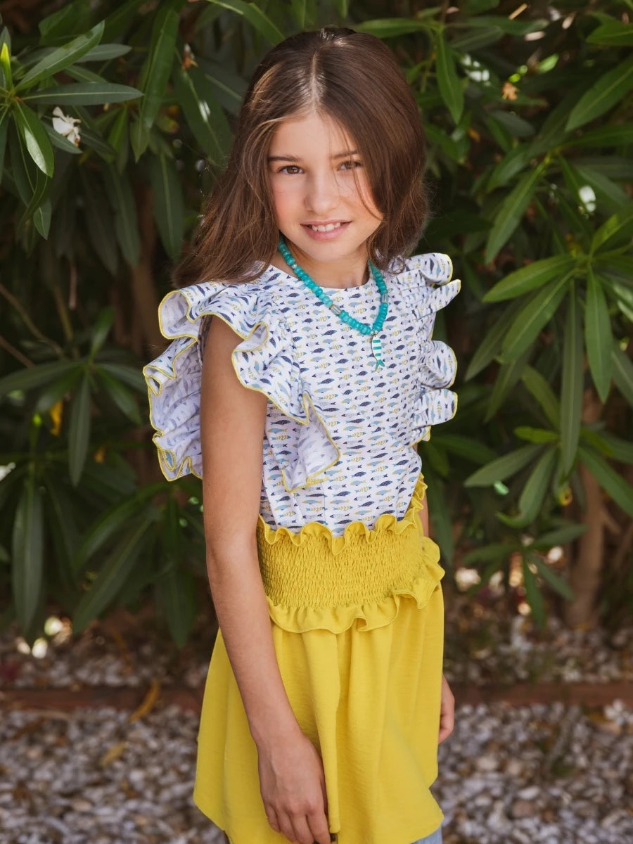 Conjunto Sardines camisa estampada volante manga y falda lima engomada - Eve Children