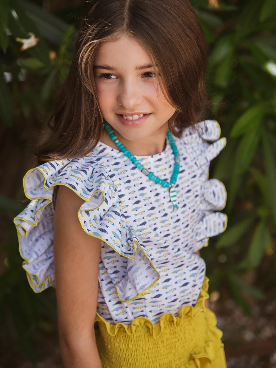 Conjunto Sardines camisa estampada volante manga y falda lima engomada - Eve Children