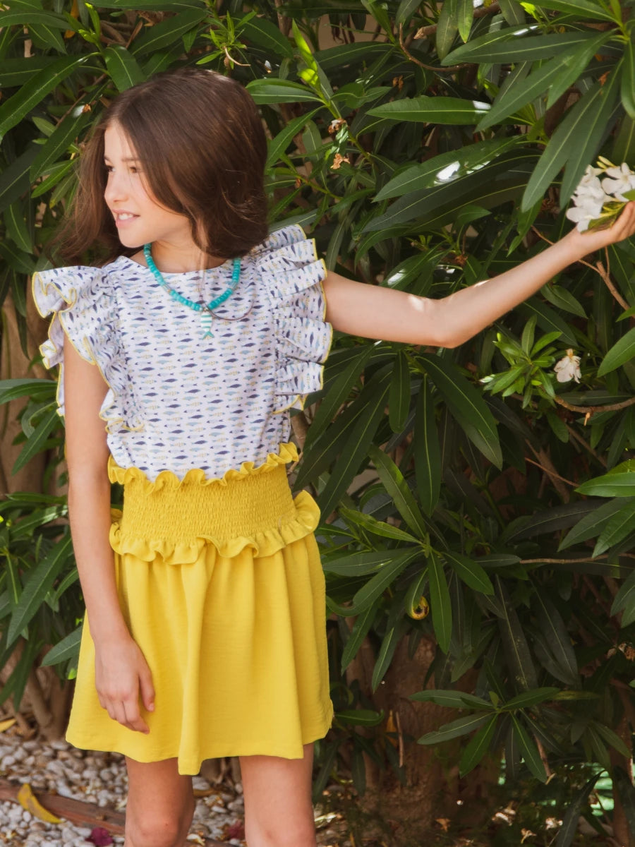 Conjunto Sardines camisa estampada volante manga y falda lima engomada - Eve Children